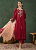 Chinon Red Festival Wear Embroidery Work Readymade Straight Suit